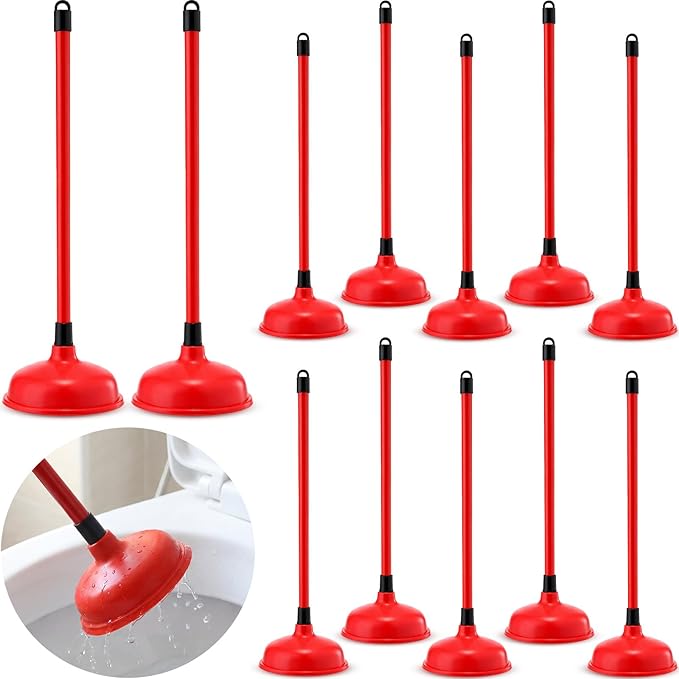 Reallnaive 12 Pack Toilet Plungers Bulk with 19.7 Inch Long Handle Force Suction Cup Rubber Plunger for Bathroom to Fix Clogged Toilets Drains (Red)