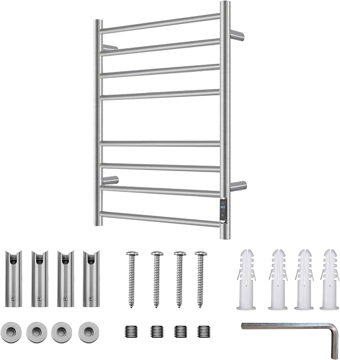 Heated Towel Racks for Bathroom, Wall Mounted Electric Towel Warmer Racks with Timer & Temperature Control, 8 Bar Stainless Steel Towel Heater for Bathroom, Brushed Silver, Plug-in
