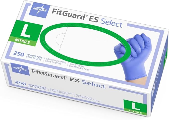 Medline FitGuard ES Select Nitrile Exam Gloves, Textured Fingertips, Powdered-Free, Size L