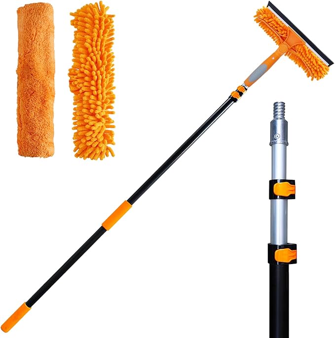 20 Ft+ Reach 2 In 1 Window Squeegee Duster with 5-to-12 Foot Extension Pole, Cleaner Tool with 3-Stage Telescoping Pole, Cleaning Kit with Rotatable Head - Chenille Cloth + Microfibre Cloths Head