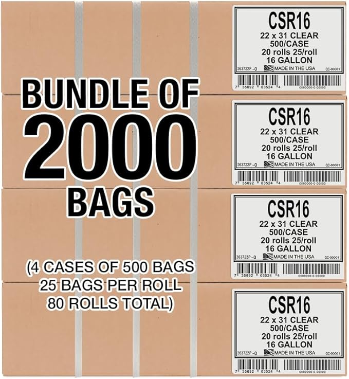 Aluf Plastics 12-16 Gallon 1 MIL (eq) Clear Heavy Duty Garbage Bags - 22" x 31" - Pack of 2000 - For Industrial, Recycling, Storage, & Outdoor