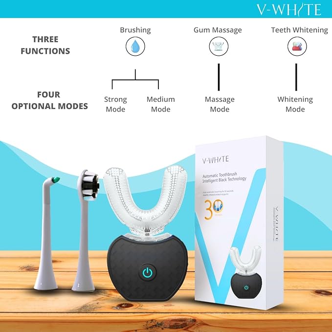 V-WHITE Adults Auto Brush Ultrasonic U-Shaped Toothbrush – 360° Teeth Cleaning, Hands-Free Electric Autobrush – Gum Protection, Waterproof IPX7, Wireless Charging