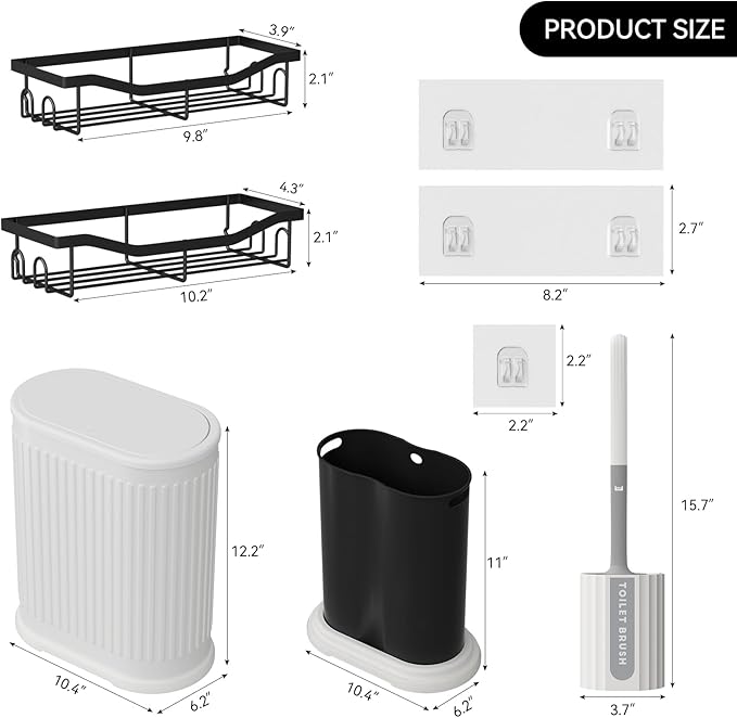 Small Bathroom Trash Can with Toilet Brush, 1.6 Gallon Black Stainless Steel Garbage Can with Lid,Slim Wastebasket with Shower Caddy for Bathroom Bedroom