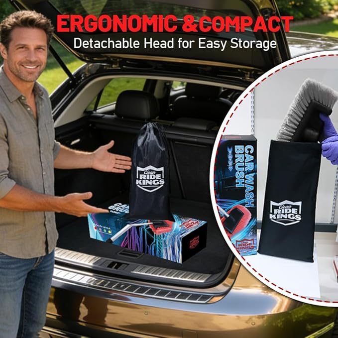 Car Detailing Kit with 65 in Flow-Thru Handle - 4-Head Car Wash Brush Set (Includes 2 Stiff Brushes) - Paint-Safe Auto Washing Mop for Sedan, SUV Exterior Care & Windshield (Grey)