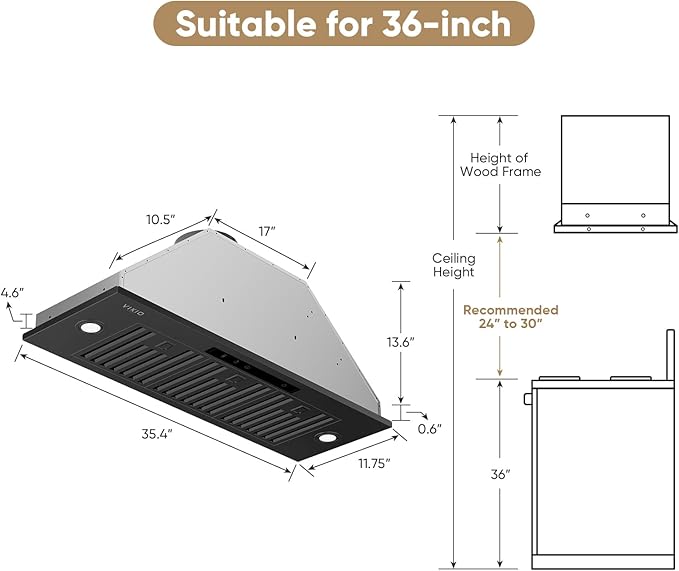 VIKIO HOME Black Built-in/Insert Range Hood 36 Inch, 980 CFM Hood Vent for Kitchen, Ducted/Ductless Convertible Duct, Stainless Steel Kitchen Vent Hood with Gesture & Touch Control, 3 Baffle Filters