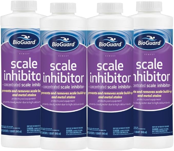 BioGuard Scale Inhibitor, 32 oz, 4 Pack | Concentrated Formula, Prevents and Removes Scale Build-Up and Metal Stains, Protects Pool Equipments
