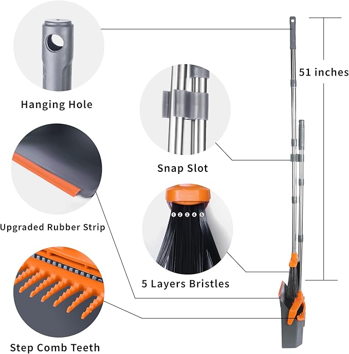 Tiumso Broom and Dustpan Set with 51'' Long Handle, Upright Broom and Dustpan Combo for Home Kitchen Office Restaurant Garage Lobby Dog Cat Pets Hair - Grey and Orange