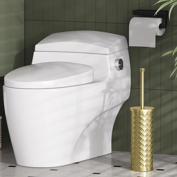 Toilet Bowl Brush and Holder Set 3 Pack with 6 Extra Brush Heads | Extra Long Handle with Splash Guard Cover, Tool-Free Installation, Bathroom Space-Saving, Cleaner Sets for Apartments, RV (Gold)