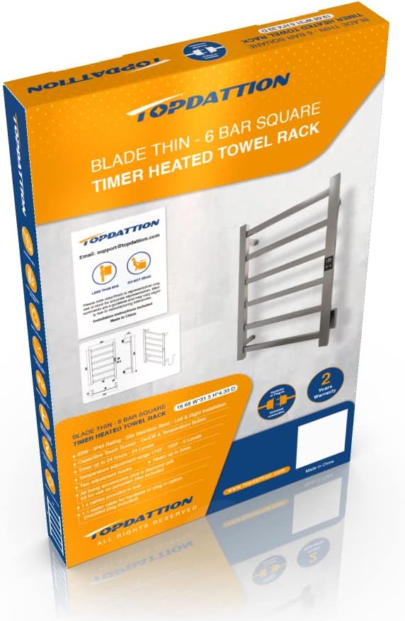 Topdattion Smart Wireless Electric Towel Warmer | Blade Thin 6 Bar Design | Hardwired & Plug-in | Alexa & Google Home Compatible | Brushed Finish