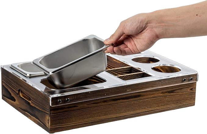 MyGift Couch Caddy Rustic Burnt Solid Wood and Premium Clear Acrylic TV Snack Tray with 2 Stainless Steel Snack Bowls, Dual Cutout Anti-Spill Drink Holders, Remote Control and Cell Phone Slots