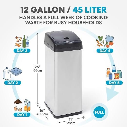 SIMPLI-Magic 12 Gallon / 45 Liter Square Kitchen Stainless Steel Sensor Trash Can, Touchless Automatic Kitchen Garbage Bin with Soft-Close Lid