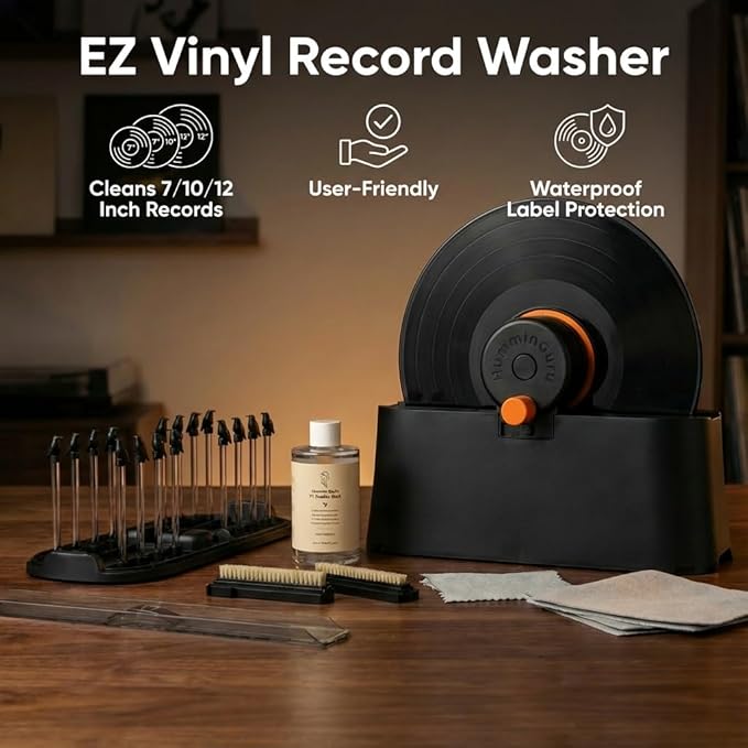 HumminGuru EZ Record Washer, Manual Vinyl Record Cleaner Machine with Easy Spin & Watertight Label Clamp, Record Cleaning Kit with Gentle Goat-Hair Brushes, Alcohol-Free LP Fluid, Drying Rack & Cloth