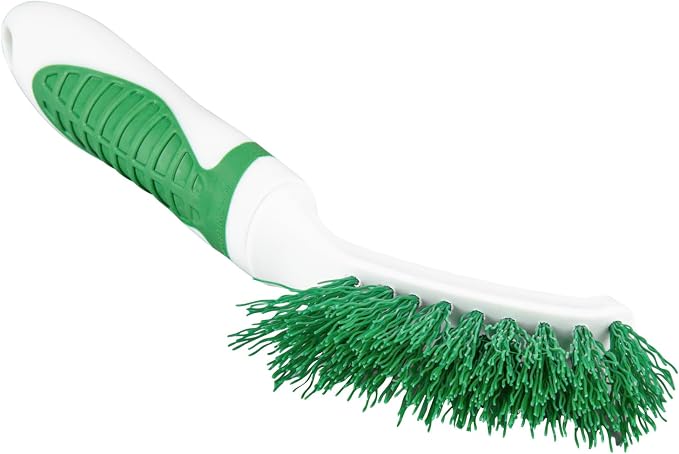 Restaurantware Grout Brush 1 Pack of 9 Tile Scrubbing Brush Stiff Bristle Ergonomic Handle Angled Head Narrow Design Green and White Plastic Cleaning Tool