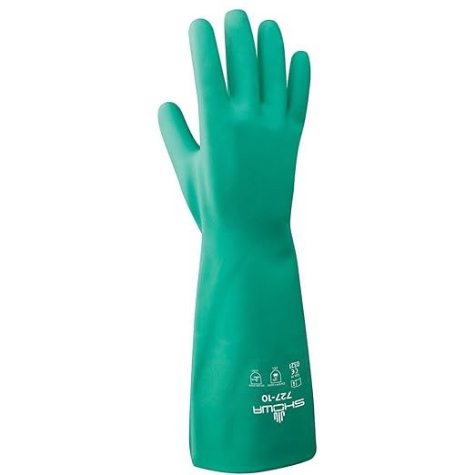 SHOWA 727 Chemical Resistant Gloves, 15-mil Unsupported Nitrile, 13-inch Extended Gauntlet, Bisque Grip, CE Cat III & Food Safe, Latex-Free, Green, X-Small, 12-Pack