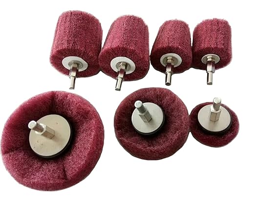 Polishing Brushing Shaped scouring pad Grinding Head - 7 Pcs Red Non Woven Abrasive Drill Buffing Attachment Set with 1/4 Handle for Manifold/Aluminum/Stainless Steel/Chrome etc