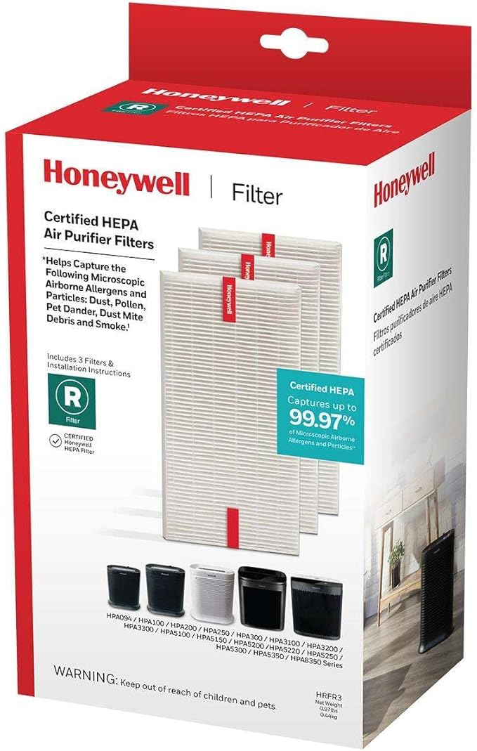 Honeywell HEPA Air Purifier Filter R, 6-Pack for HPA 100/200/300, 3000 and 5000 Series - Airborne Allergen Air Filter Replacement Targets Wildfire/Smoke, Pollen, Pet Dander, and Dust