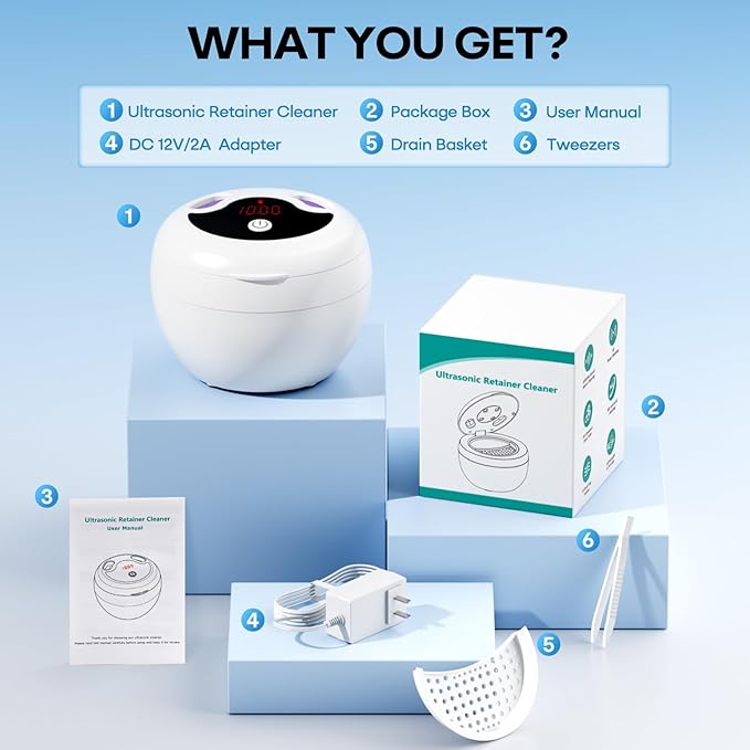 Upgraded Ultrasonic Retainer Cleaner Machine, 48kHz Ultrasonic Dentures Cleaner for Mouth Guards, Braces, Aligner, Toothbrush & Jewelry, 200ML Capacity, White