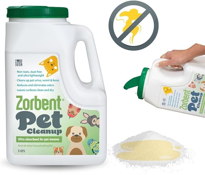 Zorbent Pet Accident Cleanup – Odor Remover for Dog & Cat Messes. Absorbs 1 Gallon. Pet-Safe Cleaner for Urine, Vomit, Poop & Accidents on Hardwood, Tile, Vinyl, Concrete, Short Carpet & Rugs, 5 qt
