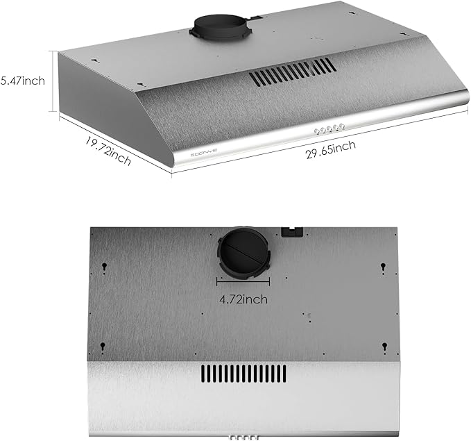 30 inch Stainless Steel Under Cabinet Range Hood, Slim Kitchen Vent Hood Ducted/Ductless Convertible with 3 Speed Controls, 5-Layer Aluminum Filters,LED Lights