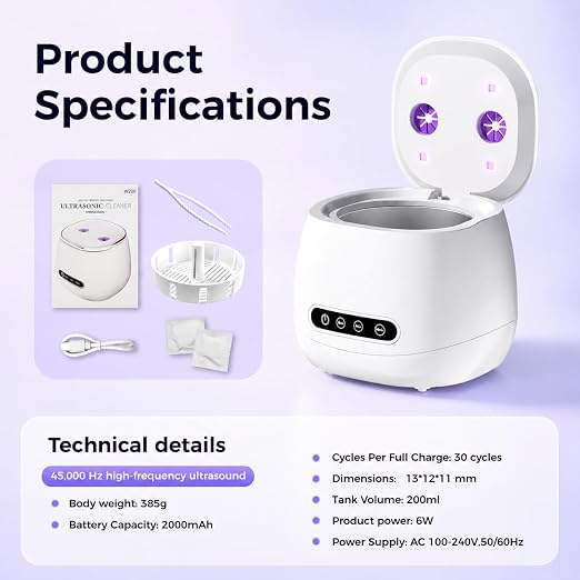 Ultrasonic Retainer Cleaner Machine, 45kHz Rechargeable Retainer Cleaner with 4 UV Lights, 200ML,Ultrasonic Cleaner for Retainers, Aligners, Mouth Guards, Night Guards & Dentures