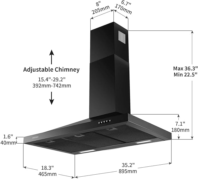 SNDOAS Black Range Hood 36 inches,Stainless Steel Wall Mount Range Hood Black,Kitchen Hood Vent with Ducted/Ductless Convertible,Hood Vents for Kitchen,Ductless Range Hood,Vent Hood 36 inch