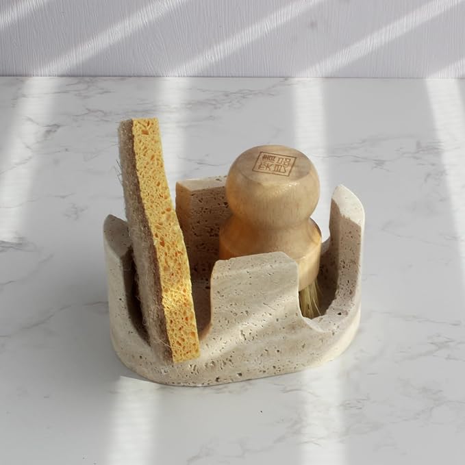 Nawgnail Natural Travertine 2-Slot Sponge Holder for Kitchen Counter, 2-in-1 Stone Drying Rack, Sponge Caddy for Sink Organizer - Beige Travertine