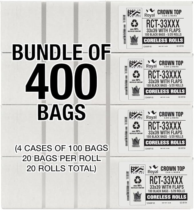 Heavy Duty 33 Gallon Trash Bags (Huge 400 Ct. /w Flap Ties) - 2 MIL equiv. Thick Gauge Large Black Plastic Garbage Liners for Kitchen, Home. Outdoor, Lawn, Yard, Contractors, Brute/Rubbermaid cans