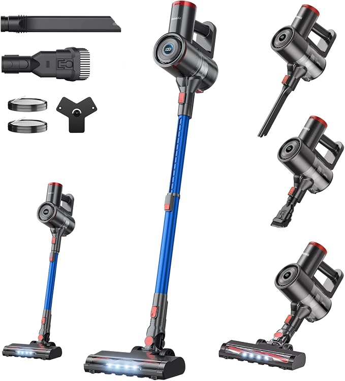 RONEAIR Cordless Vacuum Cleaner,40Kpa 45Min Vacuum Cleaners for Home,Self-Standing,Stick Vacuum with Wall Mount Storage,Anti-Tangle &,6 in 1 Lightweight Vacuum for Hard Floors Carpet Pet Hair - Blue