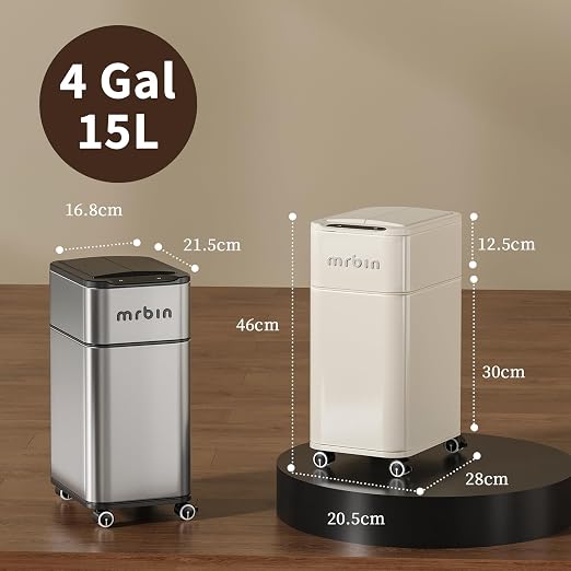 MRBIN Bathroom Metal Adsorption Motion Sensor Trash Can with Butterfly Lid and Wheels, 4 Gallon Kitchen Automatic Waste Garbage Basket for Office, Near Desk, Bedroom, Rv, Cream White