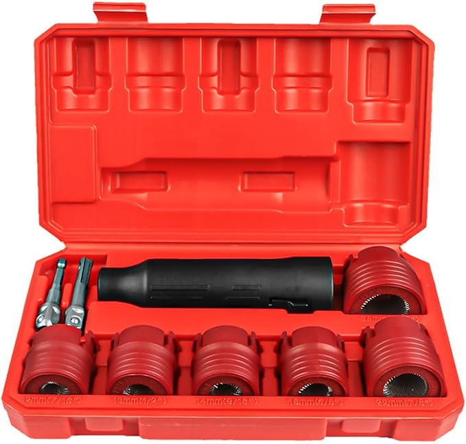 9 Piece Automotive Wheel Stud Cleaner Tool Set for Removing Rust and Debris, Includes 1/4-inch Hex to 1/2-inch Square Adapter to Allow for Use with Drills and Pneumatic Tools