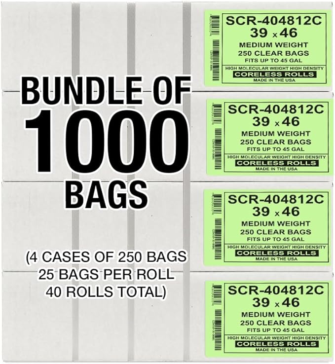 Aluf Plastics 45 Gallon 12 Micron (equiv) Clear Trash Bags - 39" x 46" For Home, Office, Bathroom, & Commercial (Pack of 1000)