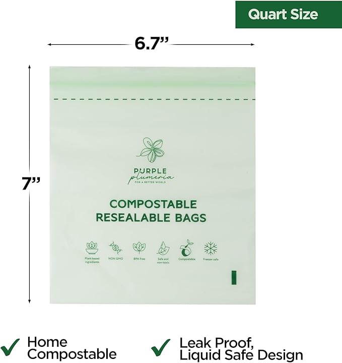 100% Compostable Resealable Food Storage Bags (50 Eco Zip), Biobased, Leak-Proof and Freezer-Safe, Extra Strong & Durable, (Quart Size) | Biobased, Leak-Proof, Durable, Freezer-Safe, Extra Strong