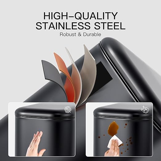 Garvee Bathroom Trash Can with Lid, 1.3 Gallon / 5 Liter Stainless Steel Garbage Can with Removable Liner Bucket, Small Step Wastebasket with Slim Design for Toilet Bedroom Office, Black