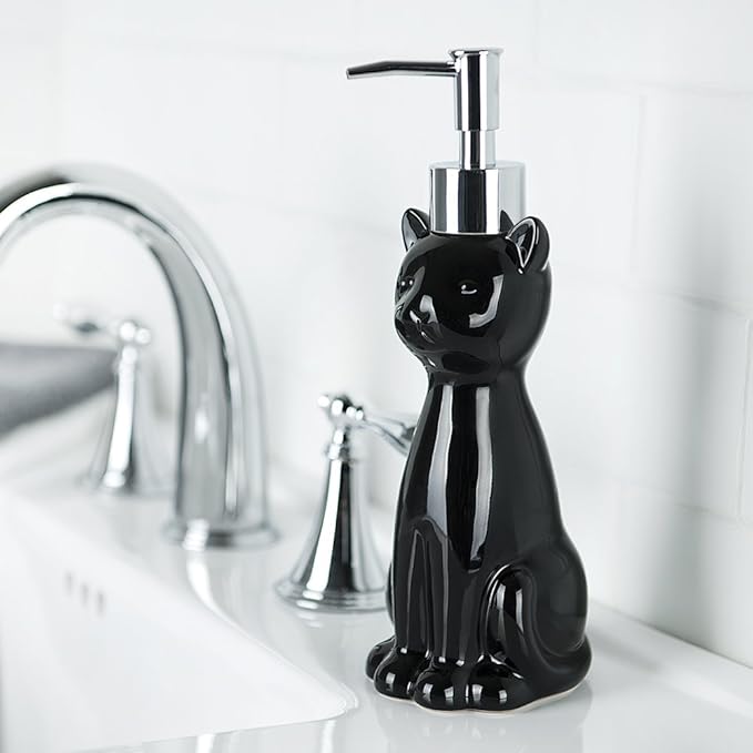 Allure Home Creation Cat 3-Piece Black Ceramic Toilet Brush Holder with White Plastic Brush and Soap Dispenser Set-Black