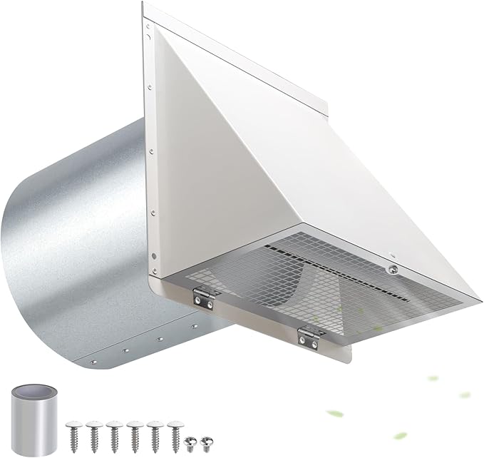 6 Inch Hooded Wall Vent with Screen and Damper,6 Inch Exhaust Vent Cover Cap for Outdoor Kitchen Range Hood Dryer Ventilation,Outside Wall Mount Extractor for House Air Exhaust,Galvanized Steel,White