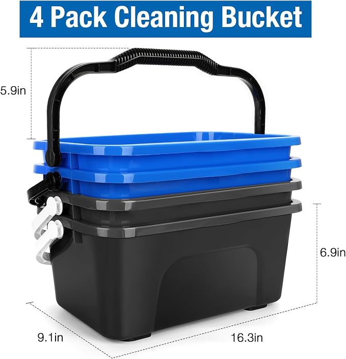 3 Gallon Mop Cleaning Bucket with Handle,4 Pcs Compact Square Plastic Bucket for Window Cleaning,Car Washing, Mopping & Household Cleaning Supplies Organizer Wash Water Bucket for Storage Blue Grey