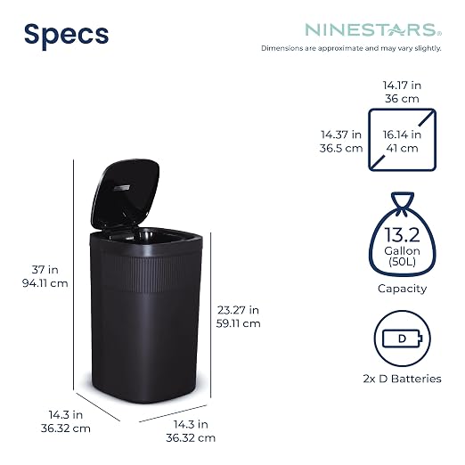 Ninestars Touch Tap & Motion Sensor Trash Can for Kitchen and Bedroom, 13 Gal 50L High-Grade ABS Body (Rectangular, Black)