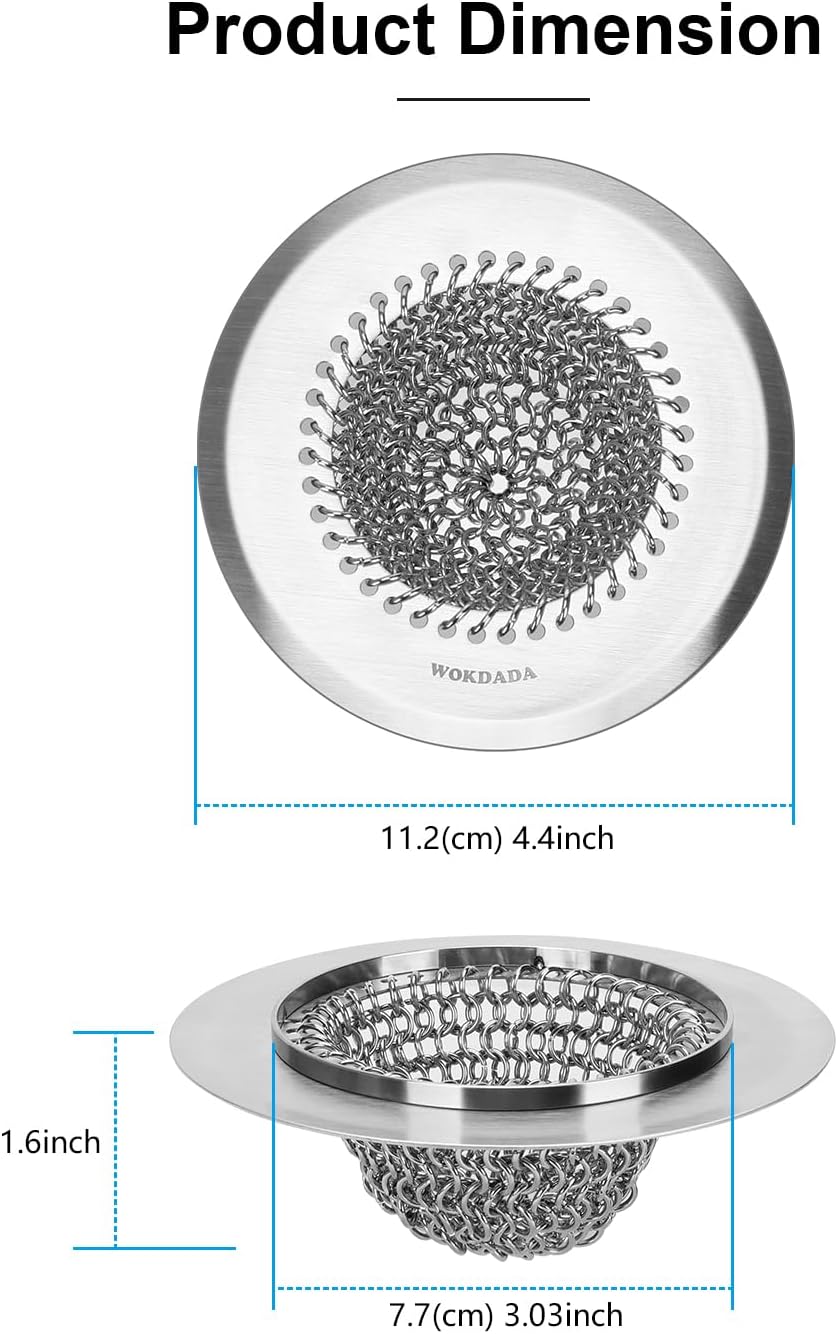 2 Pcs Sink Drain Strainer: Anti-Slip Flexible Chainlink, 304 Stainless Steel. Upgraded Clog-Free Kitchen Version, Easy-Clean Catcher for Garbage Disposal