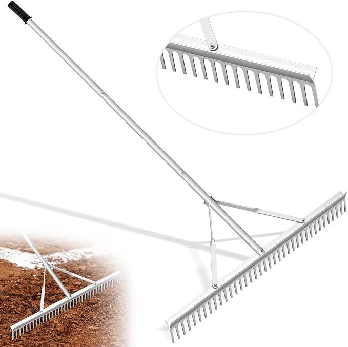 Qinyoung Aluminum Maintenance Rake 36 Inch Baseball Field Garden Landscape Rake with 66''-98'' Adjustable Handle for Yard Lawns Lake Weed Care Gardening Loosening Soil