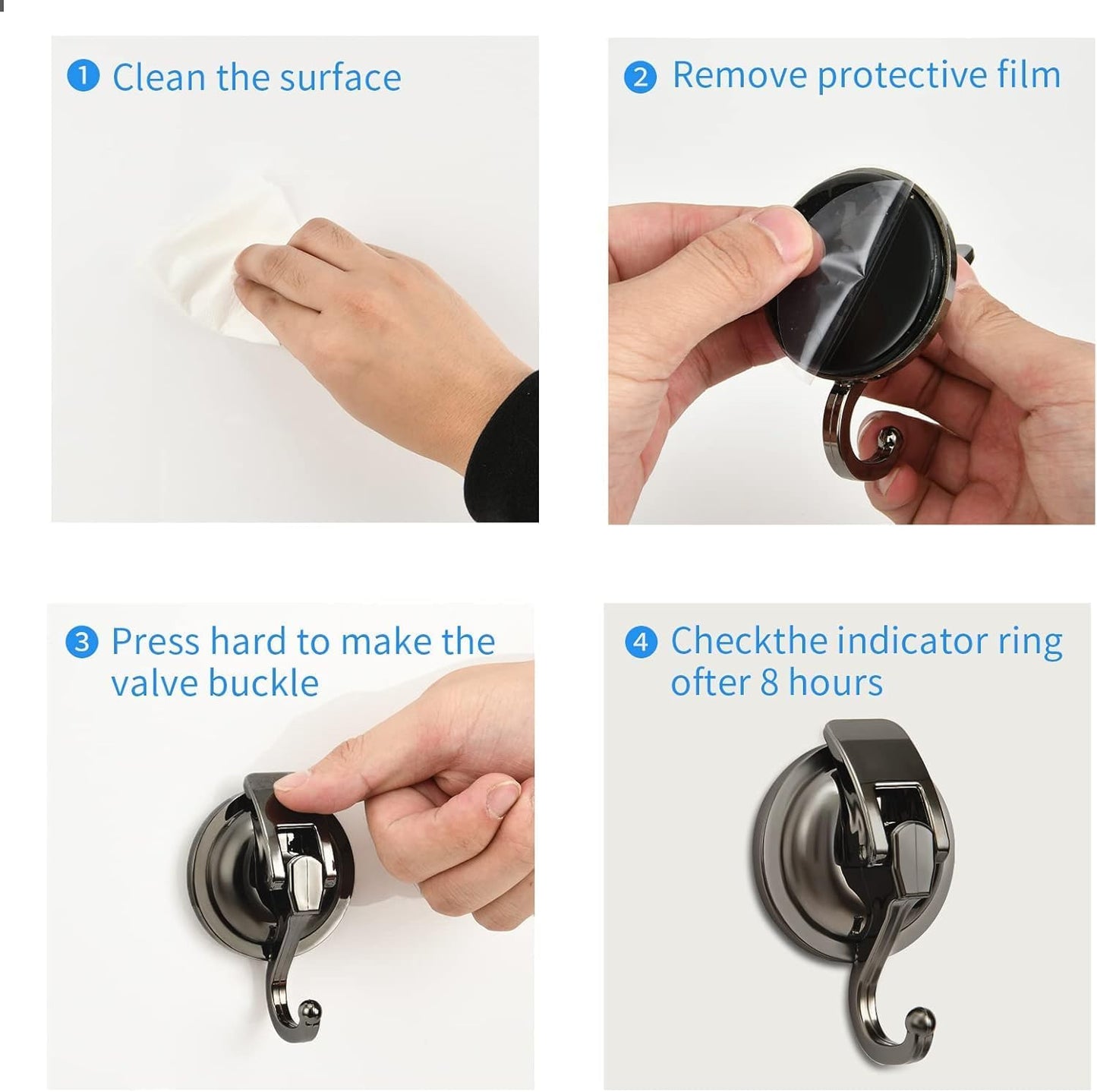 Suction Cup Hooks for Shower, 4 Pack, Bathroom, Kitchen, Glass Door, Mirror, Tile – Loofah, Towel, Coat, Bath Robe Hook Holder for Hanging – Waterproof Wreath Hanger