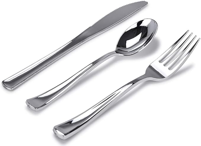 Silver Plastic Silverware Set (400-Pack) – Disposable Heavy Duty Cutlery, 134 Forks, 134 Knives, 134 Spoons for Parties, Weddings, Dinners & Holidays