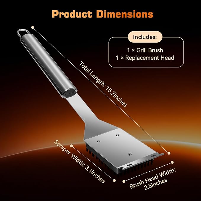 BBQ Grill Brush and Scraper, Heavy Duty Grill Cleaner with Stainless Steel Handle, Replacement Brush Head Included, Grill Cleaning Brush for Gas, Charcoal & Smoker Grill Grates (15 inch)