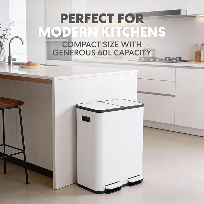 Simpli-Magic 60 Liter / 16 Gallon Rectangular Hands-Free Dual Compartment Recycling Kitchen Step Trash Can with Soft-Close Single Lid, Stainless Steel (30L x 30L Capacity) White