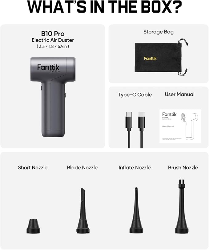 Fanttik B10 Pro Electric Air Duster, 110000RPM Brushless Motor, Compressed Air Duster, Mini Blower with One-tap Booster, 3 Gears Adjustable, Electric Duster for PC, Keyboard, Electronics (Silver)
