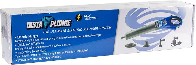 InstaPlunge Electric Plunger System - Unclog and Clear Toilet and Drain Blockage with a Push of a Button, Works in Seconds to Clear Toilets, Shower Drains, Bathroom/Kitchen Sink (Blue/Grey)