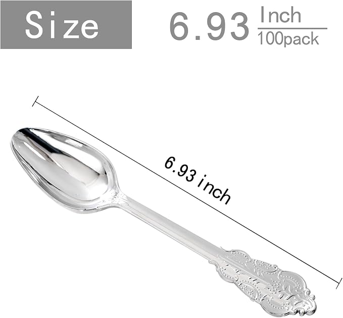 WDF 100 Piece Silver Plastic Spoons Disposable - 6.93 Inch Baroque Silver Silverware for Dessert Cake - Heavy Duty Plastic Spoons for Party Wedding Daily Using Baby Shower Spring