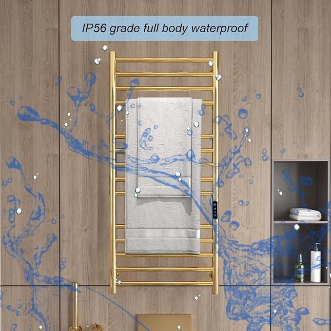 Gold Wall Mounted Heated Towel Rack,Gold Towel Warmers Rack for Bathroom, Timer & Temperature Control Electric Towel Drying Rack (14 Bars Brushed Gold A, Plug-in)
