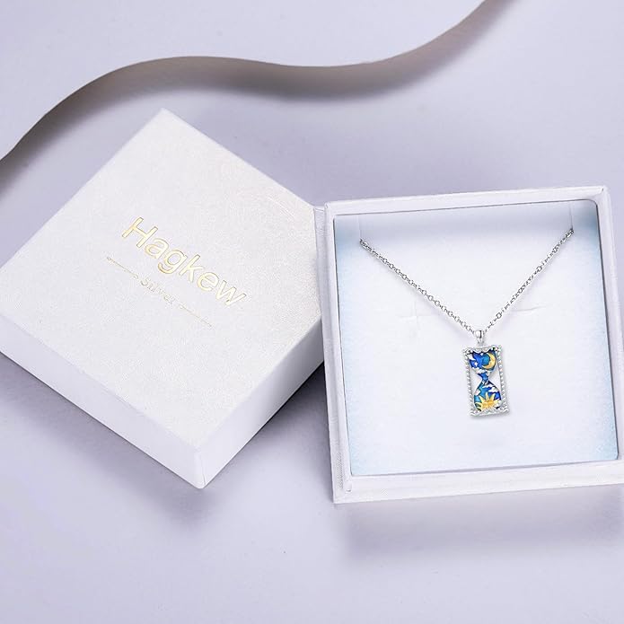 Hourglass Necklace 925 Sterling Silver Sun Moon Star Time Hourglass Pendant Necklaces Blue Memorial Jewelry for Women With 18+2 In Chain