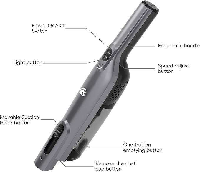 Cordless Handheld Vacuum, Lightweight Portable Hand Vacuum Cleaner with LED Light,Rechargeable Hand Held Vacuum with One-Touch Empty, Powerful Suction for Office, Home,Car,Gray