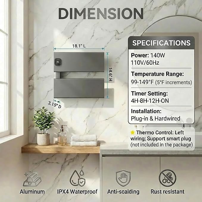 L Series Electric Towel Warmer for Bathroom, 2 Panel, Gun Gray | Thermo Control and Timer, Fast Heat in 3 Mins, Dry Towels in 4 hrs, Memory Function, Work with Smart Plug, Left-Wiring